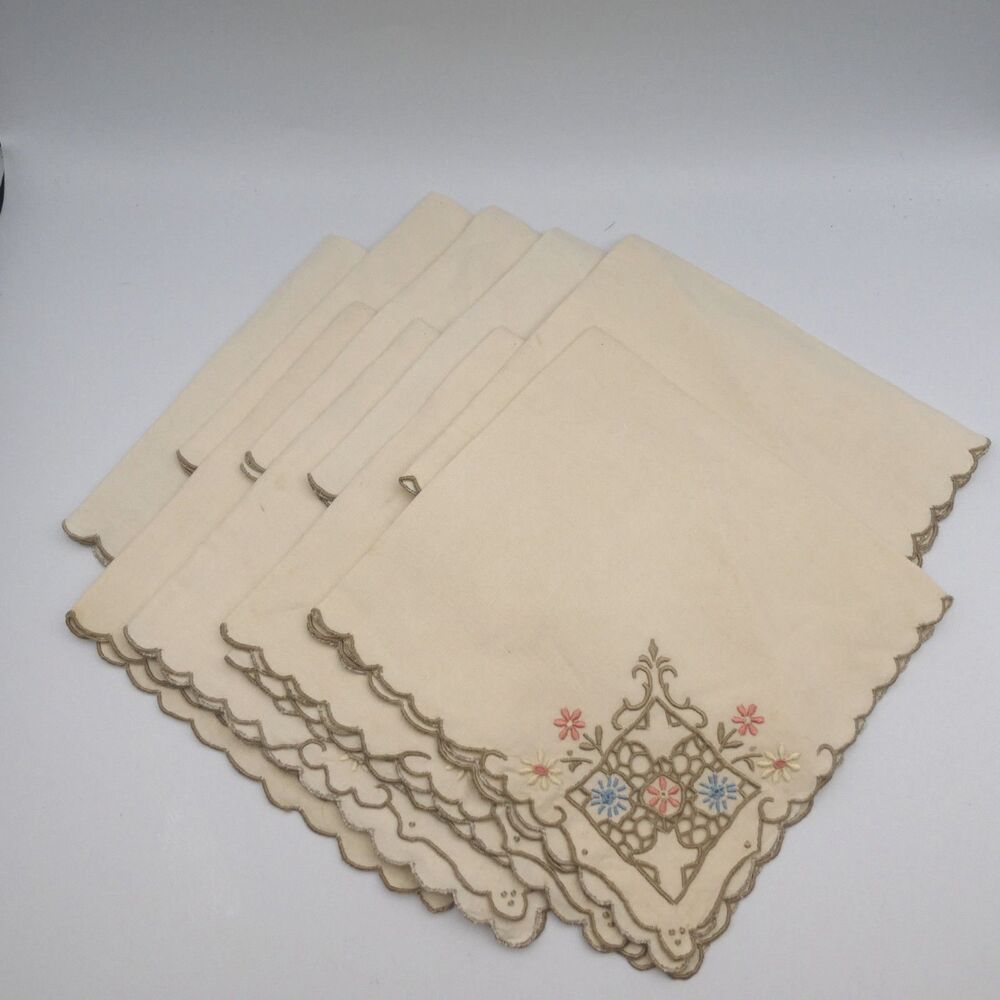 Vintage Cutwork Embroidered Linen Napkins Set of 9 Floral 16.5" Square Ecru